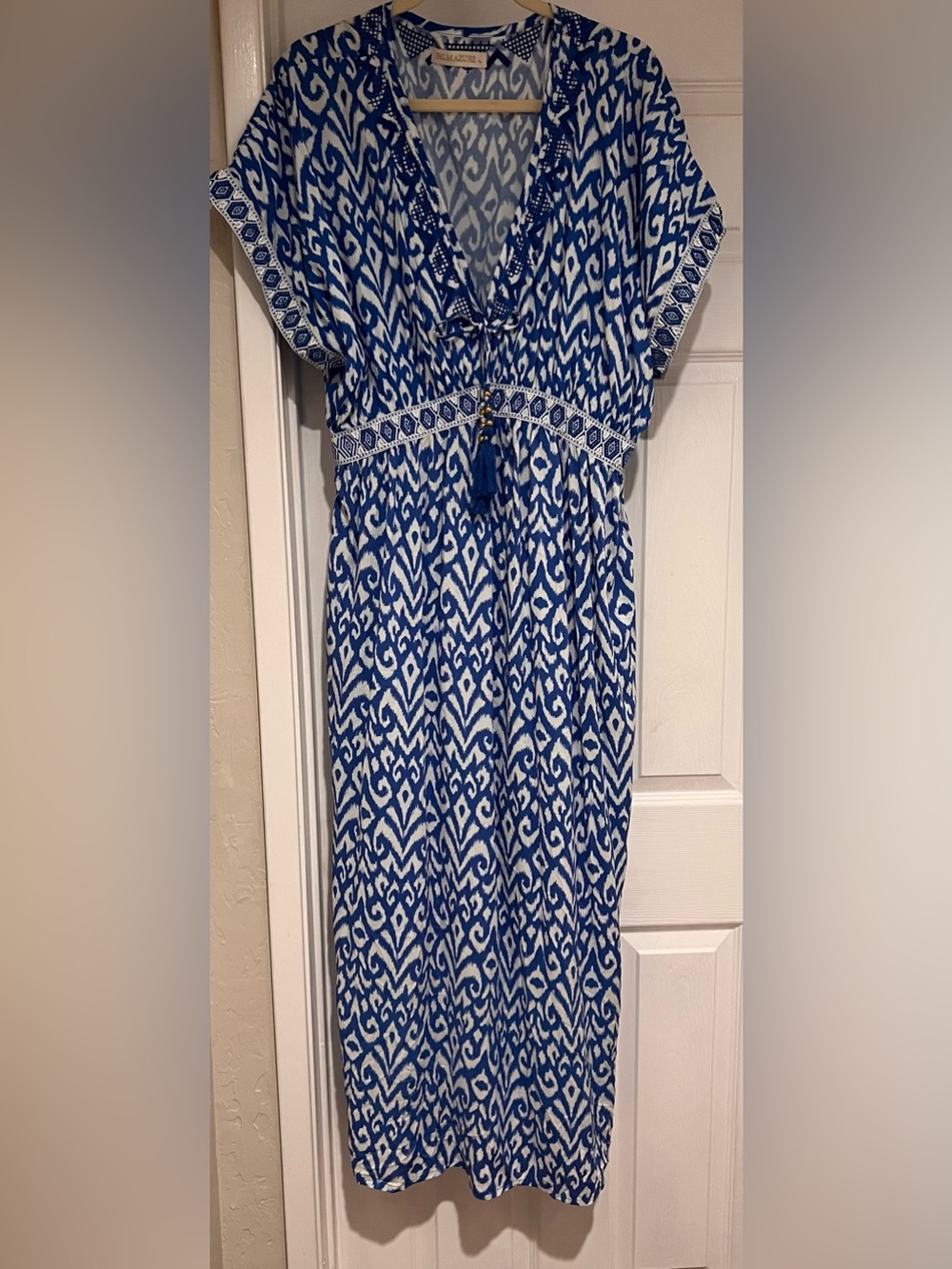Blue Patterned Maxi Dress with V-Neck